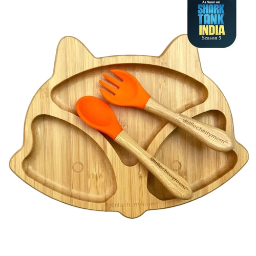 Littlecherrymom Fox Bamboo Suction Plate For Baby - Fox Design, Anit-Slip Toddler Feeding Plate