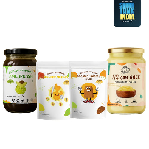 Littlecherrymom Ultimate Immunity Booster Combo = Amlaprash(450 gm) + Turmeric Milk Mix(150gm) + A2 Bilona Cow Ghee(500 gm) + Organic jaggery Powder(300 gm)