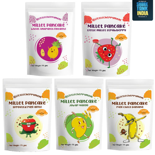 Littlecherrymom Pancake Mania Combo - Jowar Mango + Ragi Choco Banana + Ragi Apple + Wheat Amaranth Pineapple + Little Millet Strawberry - 175 gms Each
