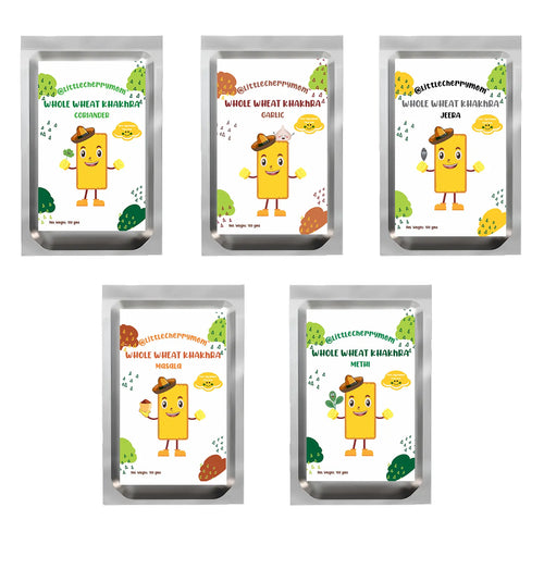 Littlecherrymom Whole Wheat Khakhra - All 5 Flavours: Coriander, Garlic, Jeera, Masala and Methi (100gm each)
