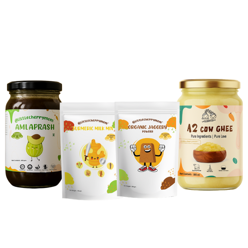 Littlecherrymom Ultimate Immunity Booster Combo = Amlaprash(450 gm) + Turmeric Milk Mix(150gm) + A2 Bilona Cow Ghee(500 gm) + Organic jaggery Powder(300 gm)