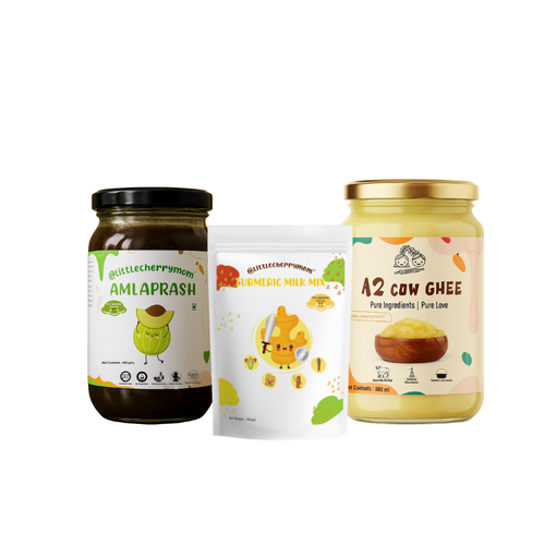 Littlecherrymom Winter Immunity Booster Combo = Amlaprash(450 gm) + Turmeric Milk Mix(150gm) + A2 Bilona Cow Ghee(500 gm)