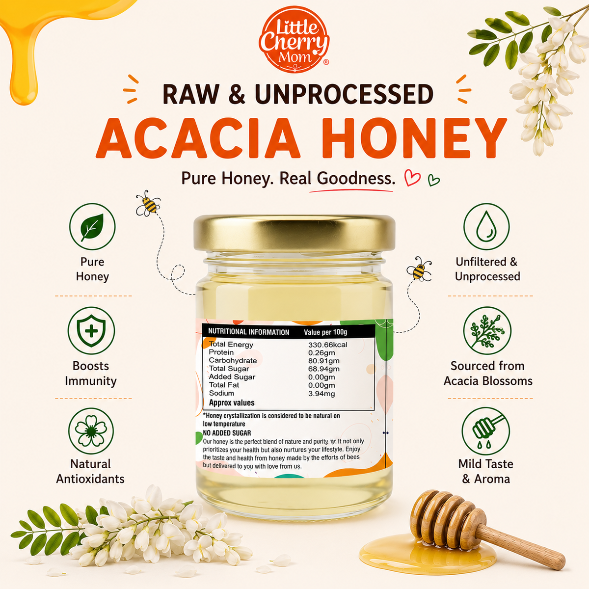 Littlecherrymom Raw Honey Acacia – 100g (Pack of 2) — Premium Raw & Unfiltered Honey for Families | No Added Sugar