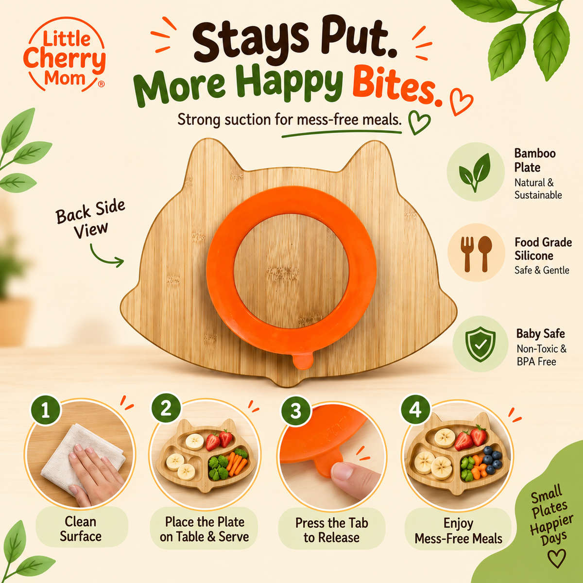 Littlecherrymom Fox Bamboo Suction Plate with Fork & Spoon — Bamboo Feeding Set for Babies & Toddlers | Strong Suction Base