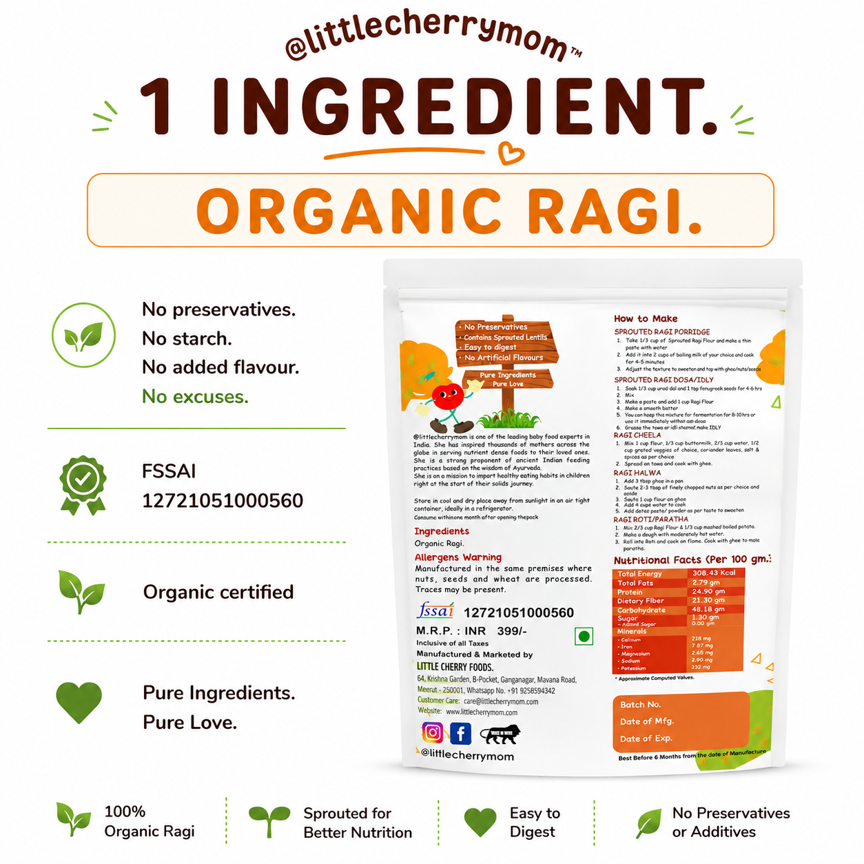 Littlecherrymom Sprouted Ragi Flour 375g — Naturally Rich in Calcium & Iron | Easy to Digest for Babies & Kids