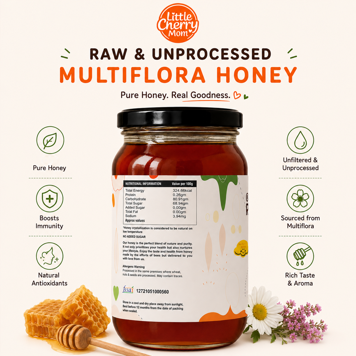 Littlecherrymom Raw Honey Multiflora (500g) — Natural & Unfiltered Honey for Kids & Families | No Added Sugar