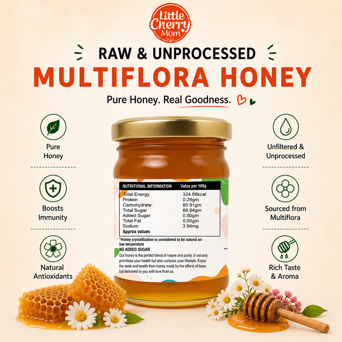 Littlecherrymom Raw Honey Multiflora (100g) Pack of 2 — Natural & Unfiltered Honey for Kids & Families | No Added Sugar