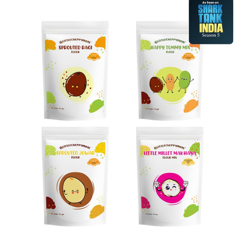 Littlecherrymom All In One Flour Combo - Sprouted Ragi, Sprouted Jowar, Little Millet Makhana Mix, Happy Tummy Mix - 375 gm Pack Each