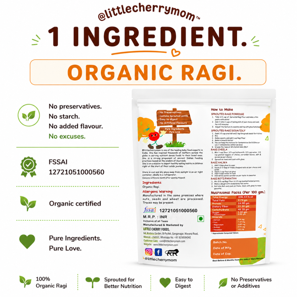 Littlecherrymom Sprouted Ragi Flour 375g — Naturally Rich in Calcium & Iron | Easy to Digest for Babies & Kids