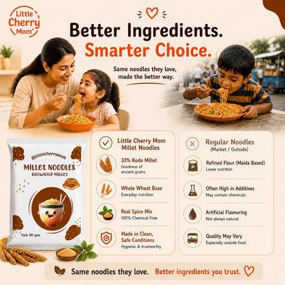 Littlecherrymom Browntop Millet Noodles 190g - No Maida, Healthy Noodles For Daily Meals, Hakka Style
