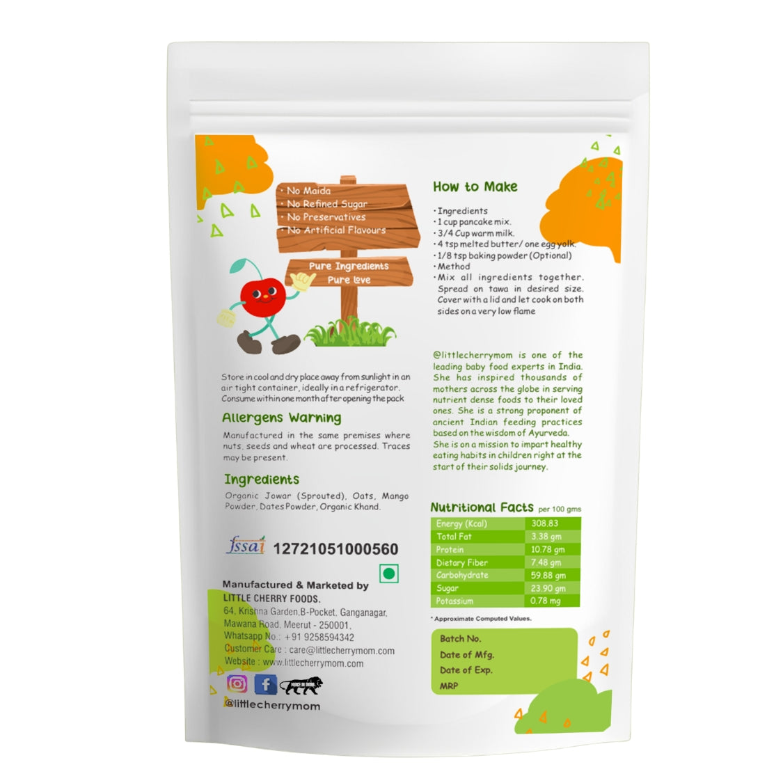Littlecherrymom  Healthy Millet Pancake Mix Jowar Mango 175 g - No Refined Sugar, Kid Breakfast