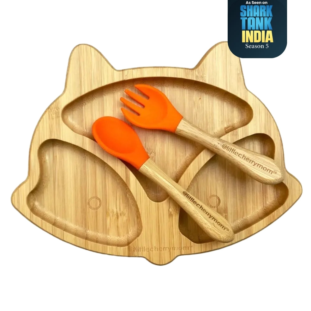Littlecherrymom Fox Bamboo Suction Plate For Baby - Fox Design, Anit-Slip Toddler Feeding Plate