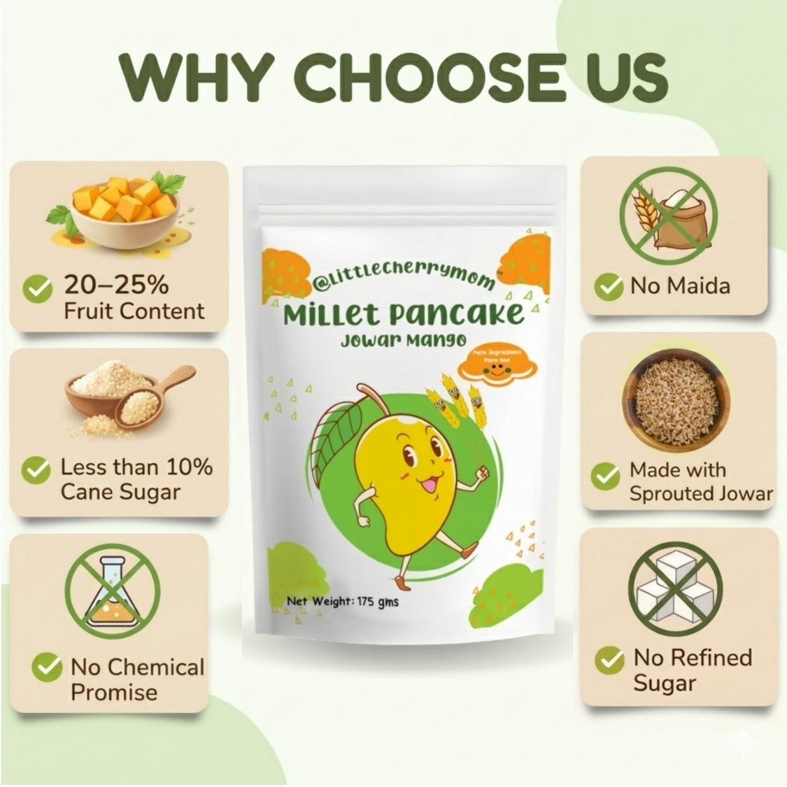 Littlecherrymom  Healthy Millet Pancake Mix Jowar Mango 175 g - No Refined Sugar, Kid Breakfast