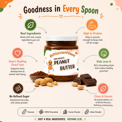 Littlecherrymom Dark Chocolate Peanut Butter — Just 4 Real Ingredients, No Refined Sugar, No Palm Oil — For Kids & Families