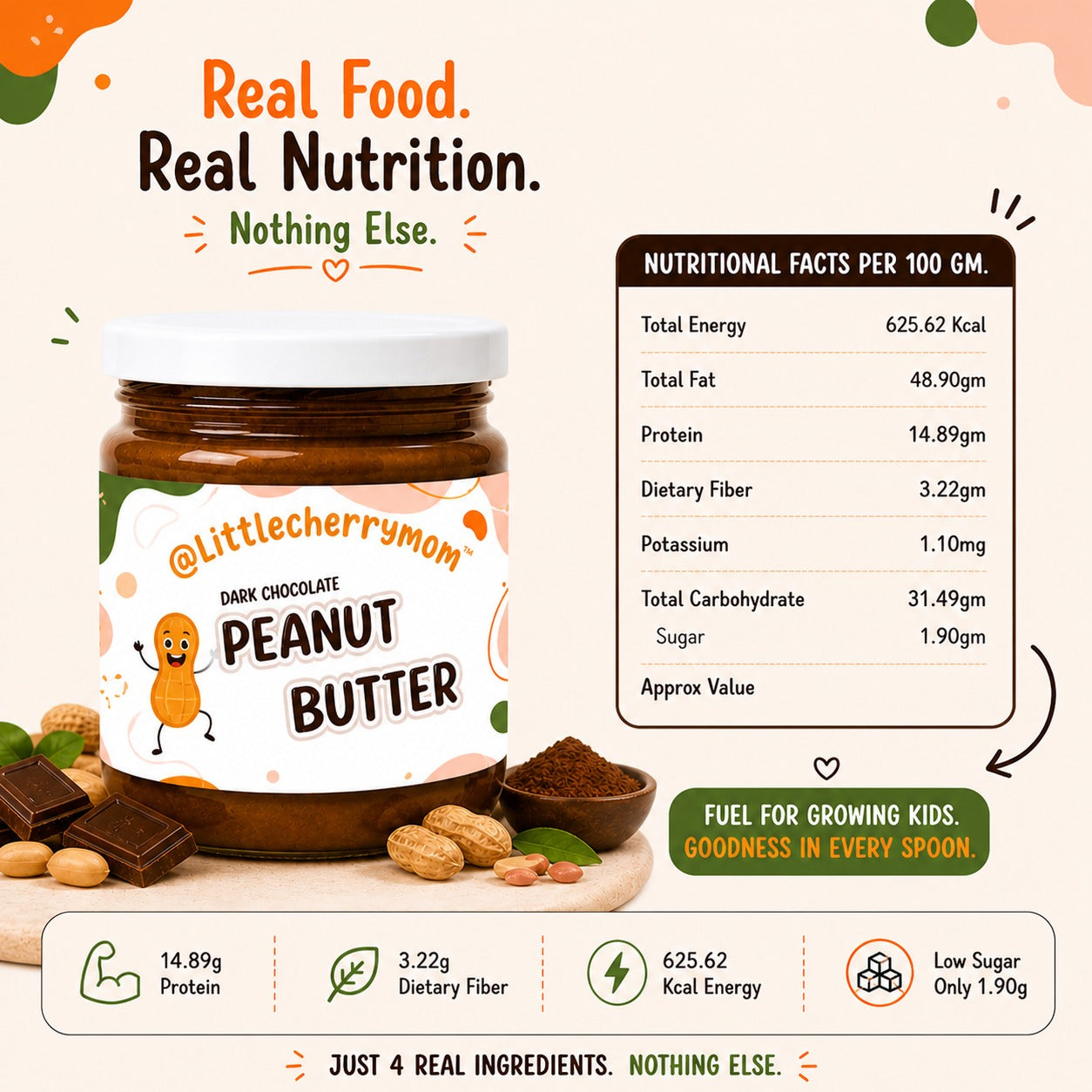 Littlecherrymom Dark Chocolate Peanut Butter — Just 4 Real Ingredients, No Refined Sugar, No Palm Oil — For Kids & Families