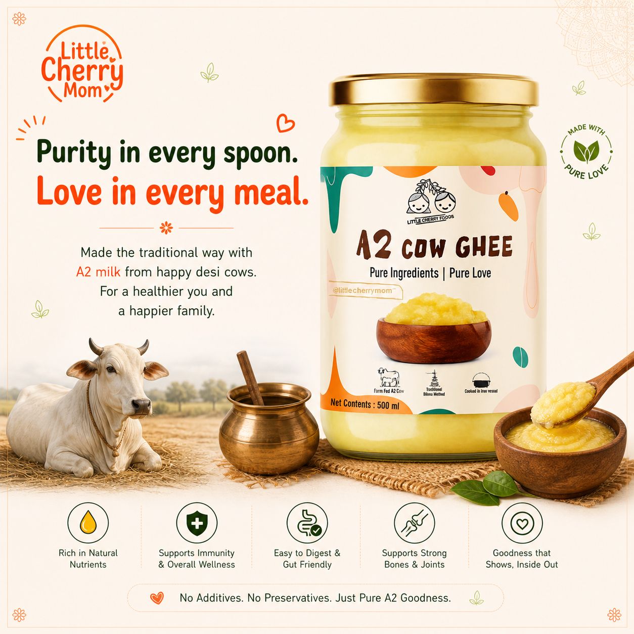 Littlecherrymom A2 Bilona Cow Ghee 500ml — Made the Traditional Way, From Grass-Fed Desi Cows | Pure, Unprocessed, No Additives
