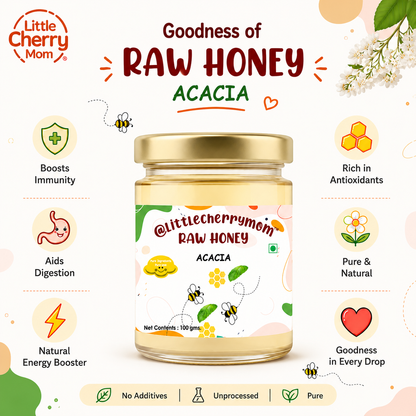 Littlecherrymom Raw Honey Acacia – 100g (Pack of 2) — Premium Raw & Unfiltered Honey for Families | No Added Sugar