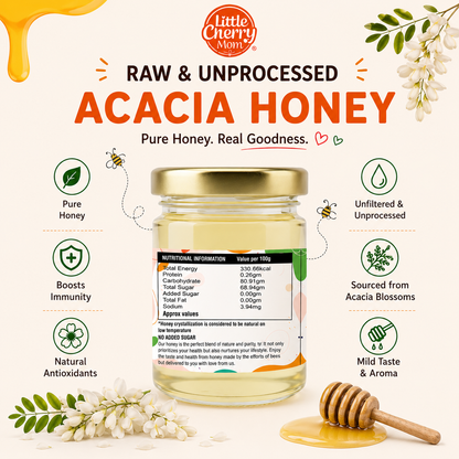Littlecherrymom Raw Honey Acacia – 100g (Pack of 2) — Premium Raw & Unfiltered Honey for Families | No Added Sugar