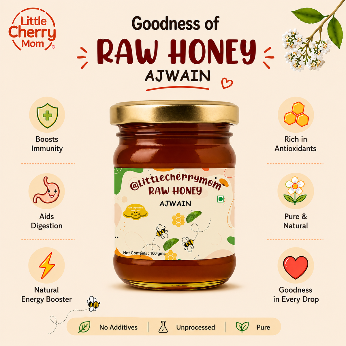 Littlecherrymom Raw Honey Ajwain (100g) Pack of 2 — Traditional Wellness Blend for Kids & Families | No Refined Sugar