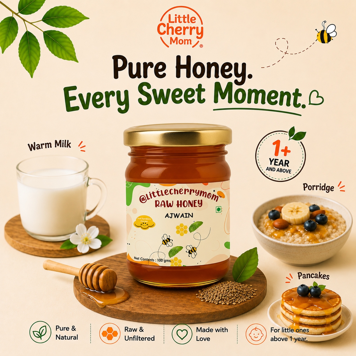 Littlecherrymom Raw Honey Ajwain (100g) Pack of 2 — Traditional Wellness Blend for Kids & Families | No Refined Sugar