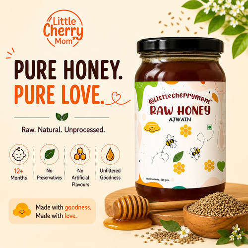 Littlecherrymom Raw Honey Ajwain (500g)— Traditional Wellness Blend for Kids & Families | No Refined Sugar