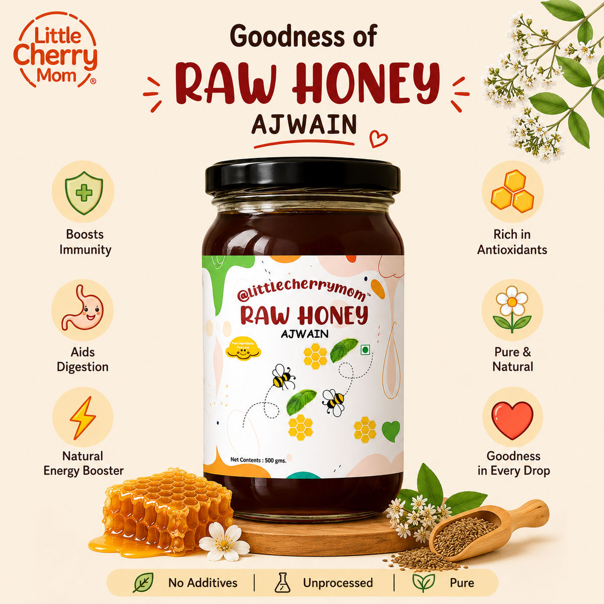 Littlecherrymom Raw Honey Ajwain (500g)— Traditional Wellness Blend for Kids & Families | No Refined Sugar