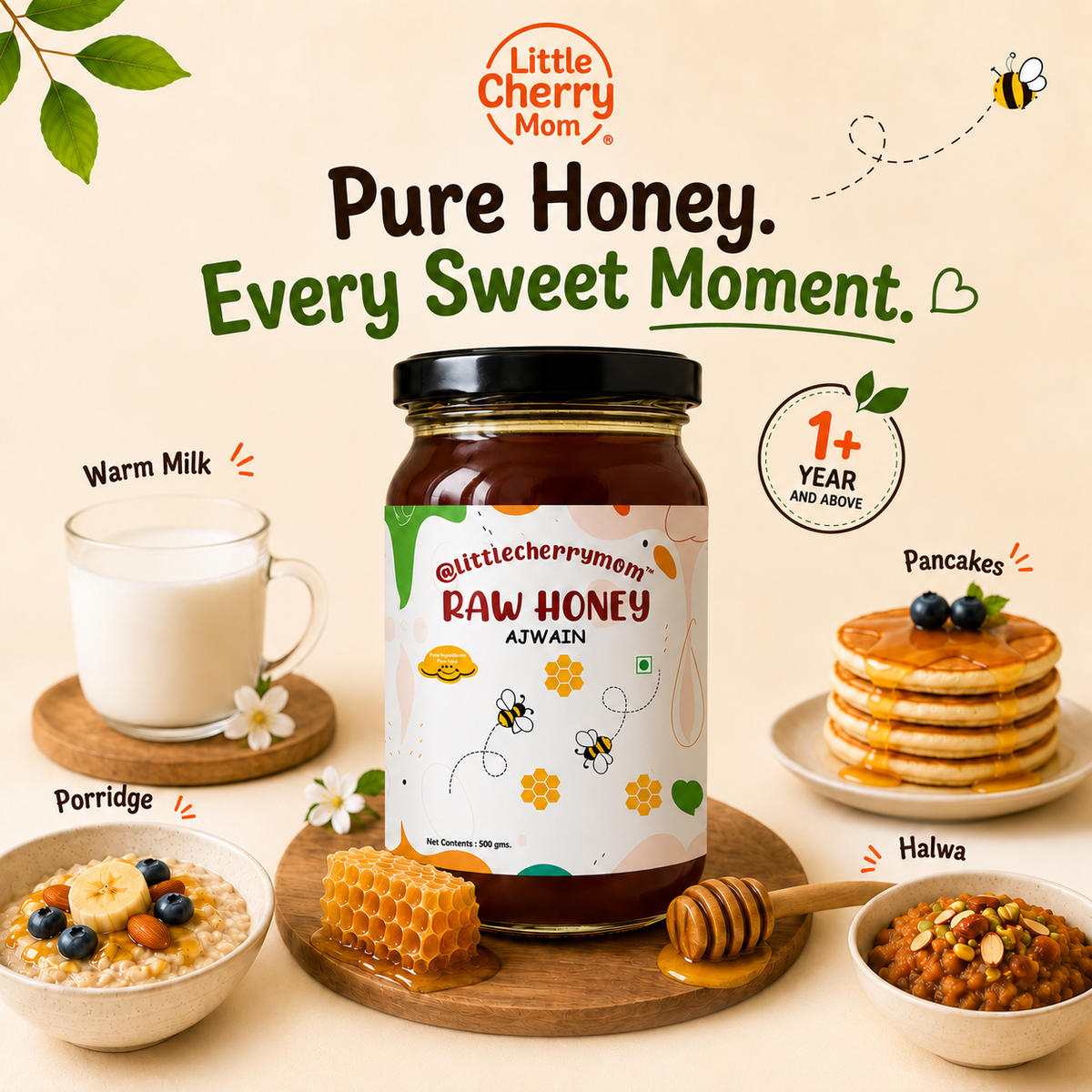 Littlecherrymom Raw Honey Ajwain (500g)— Traditional Wellness Blend for Kids & Families | No Refined Sugar