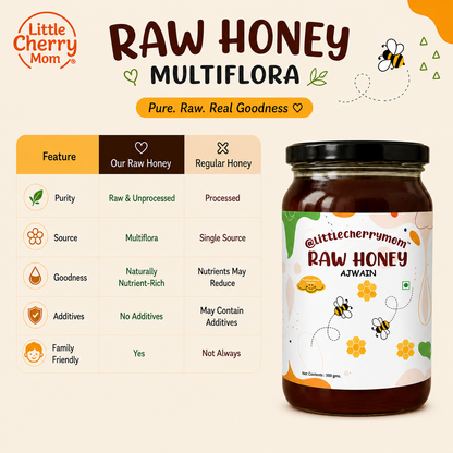 Littlecherrymom Raw Honey Ajwain (500g)— Traditional Wellness Blend for Kids & Families | No Refined Sugar