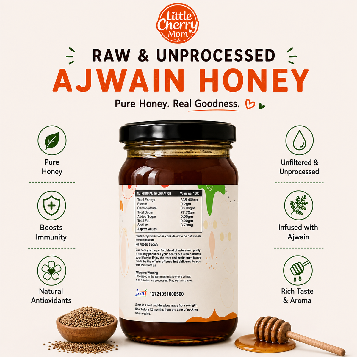 Littlecherrymom Raw Honey Ajwain (500g)— Traditional Wellness Blend for Kids & Families | No Refined Sugar