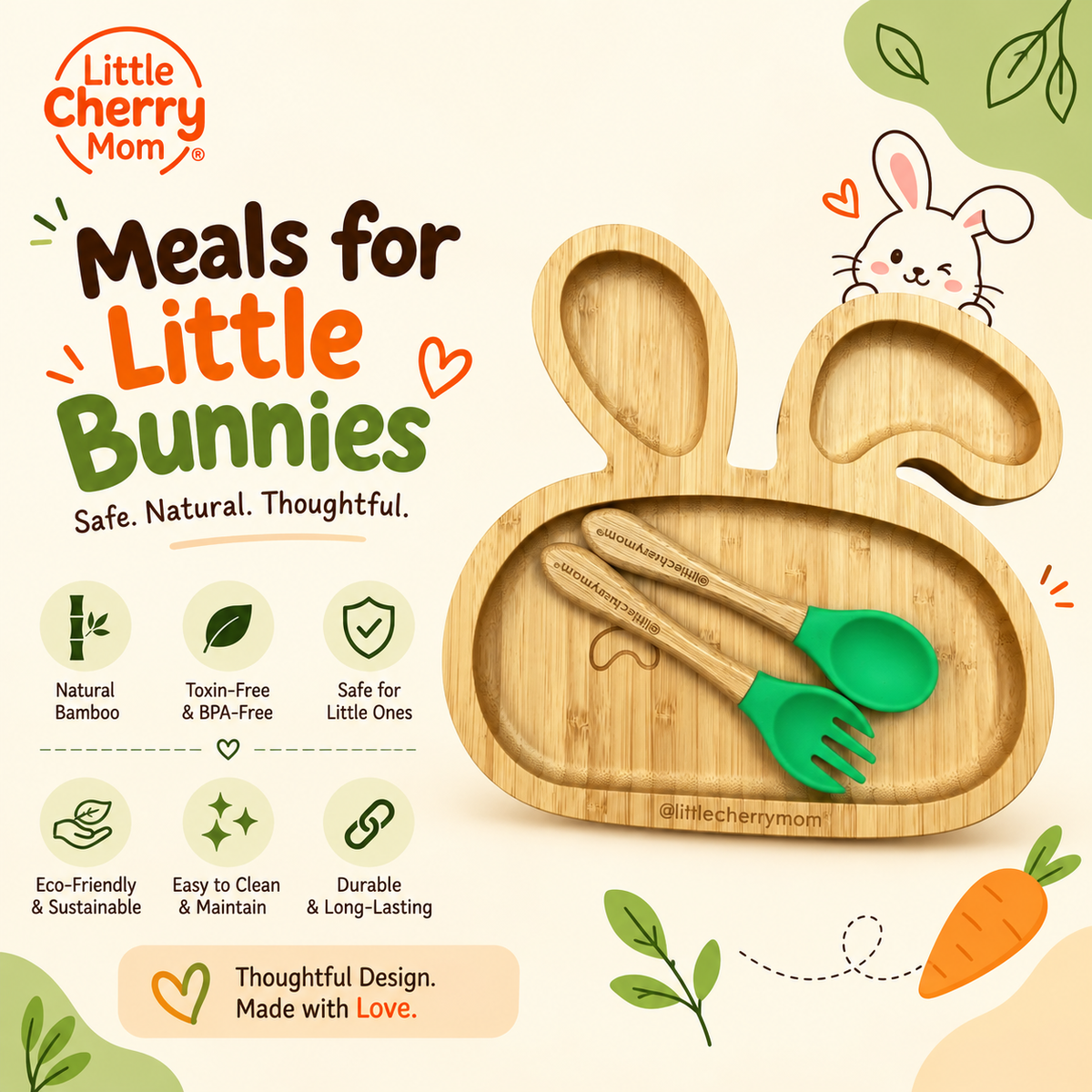 Littlecherrymom Bunny Bamboo Suction Plate with Fork & Spoon — Bamboo Feeding Set for Toddlers | Strong Suction Base