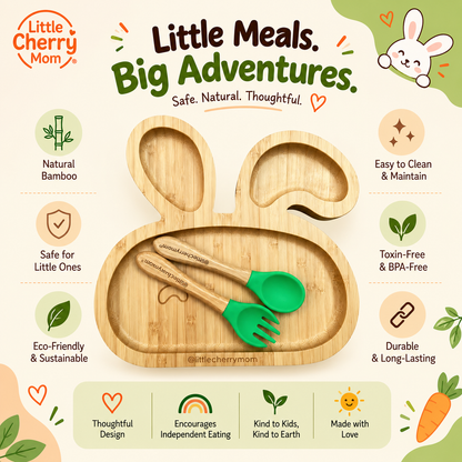 Littlecherrymom Bunny Bamboo Suction Plate with Fork & Spoon — Bamboo Feeding Set for Toddlers | Strong Suction Base