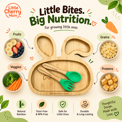 Littlecherrymom Bunny Bamboo Suction Plate with Fork & Spoon — Bamboo Feeding Set for Toddlers | Strong Suction Base