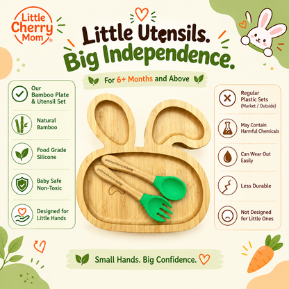 Littlecherrymom Bunny Bamboo Suction Plate with Fork & Spoon — Bamboo Feeding Set for Toddlers | Strong Suction Base