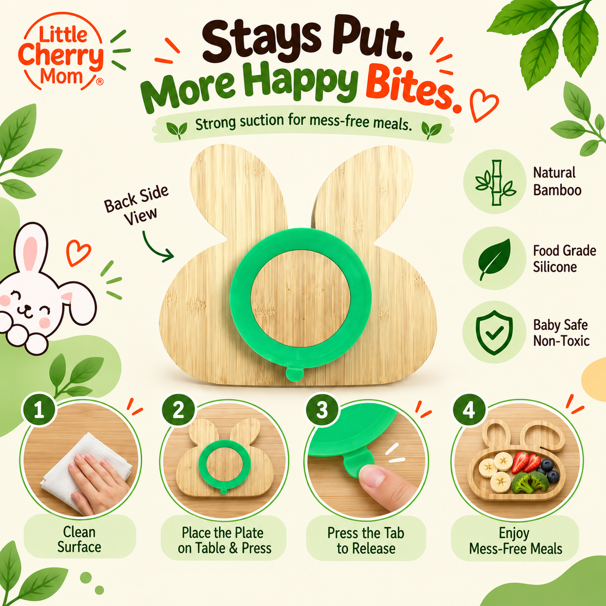 Littlecherrymom Bunny Bamboo Suction Plate with Fork & Spoon — Bamboo Feeding Set for Toddlers | Strong Suction Base