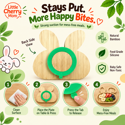 Littlecherrymom Bunny Bamboo Suction Plate with Fork & Spoon — Bamboo Feeding Set for Toddlers | Strong Suction Base