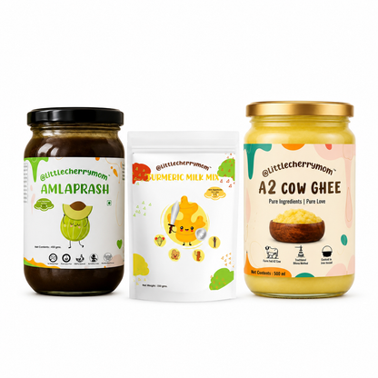Littlecherrymom Winter Immunity Booster Combo — Amlaprash, Turmeric Milk Mix & A2 Bilona Ghee for Families