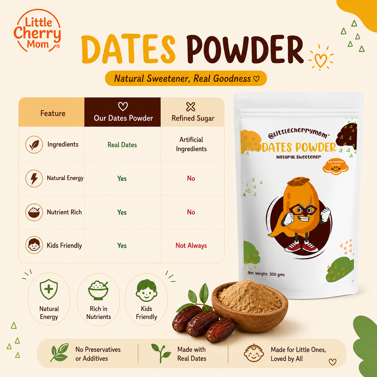 Littlecherrymom Dates Powder 300g — Natural Sweetener for Babies & Families | No Refined Sugar