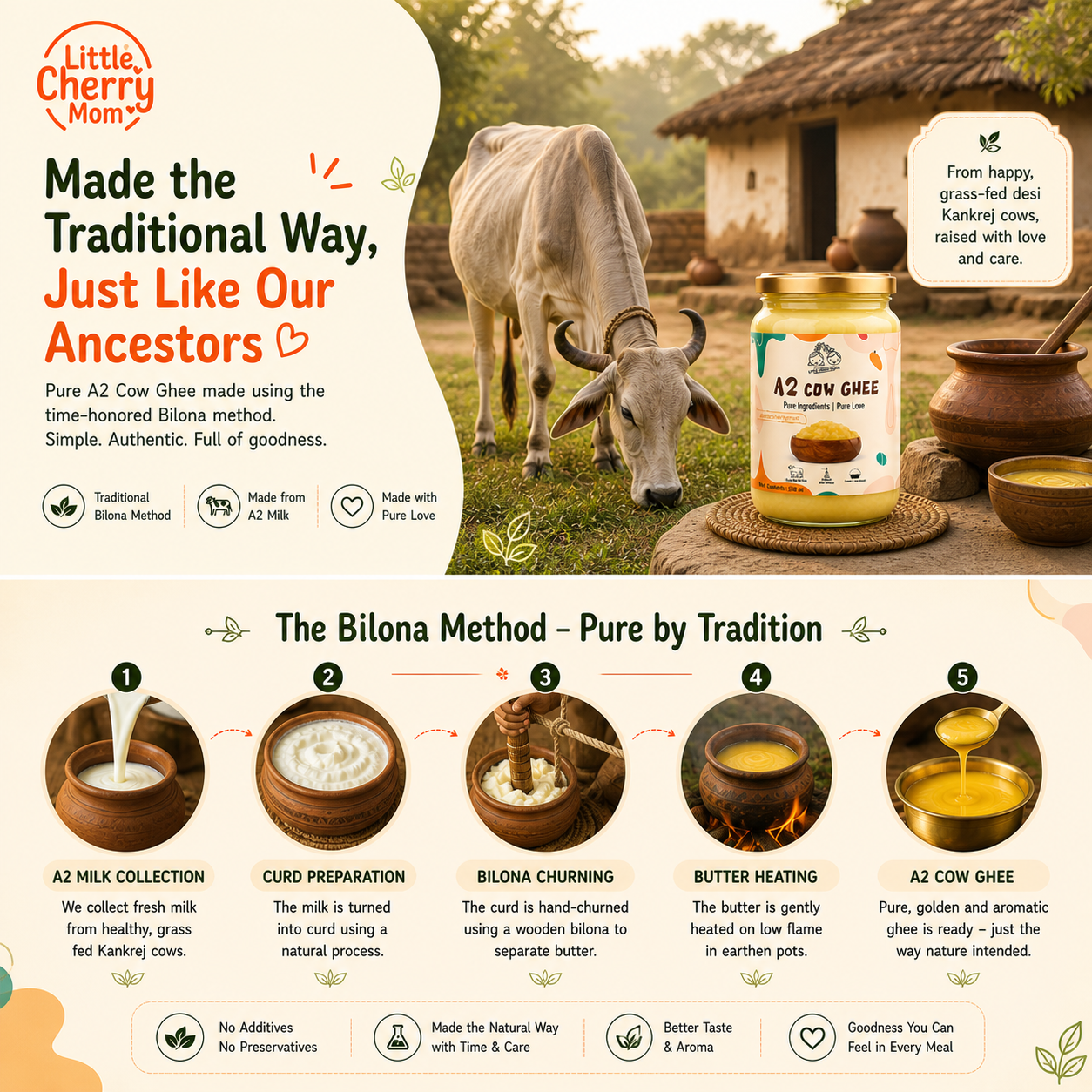 Littlecherrymom A2 Bilona Cow Ghee 500ml — Made the Traditional Way, From Grass-Fed Desi Cows | Pure, Unprocessed, No Additives
