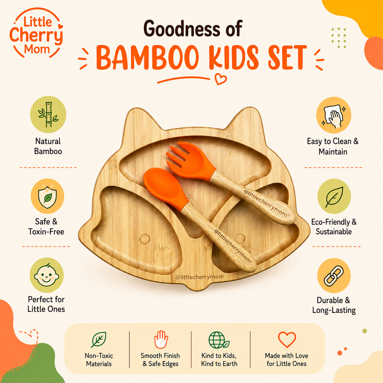 Littlecherrymom Fox Bamboo Suction Plate with Fork & Spoon — Bamboo Feeding Set for Babies & Toddlers | Strong Suction Base