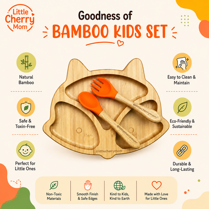Littlecherrymom Fox Bamboo Suction Plate with Fork & Spoon — Bamboo Feeding Set for Babies & Toddlers | Strong Suction Base