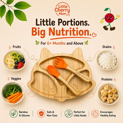 Littlecherrymom Fox Bamboo Suction Plate with Fork & Spoon — Bamboo Feeding Set for Babies & Toddlers | Strong Suction Base