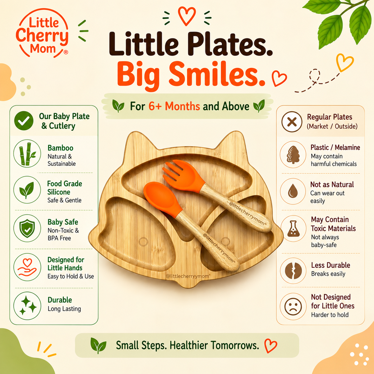 Littlecherrymom Fox Bamboo Suction Plate with Fork & Spoon — Bamboo Feeding Set for Babies & Toddlers | Strong Suction Base