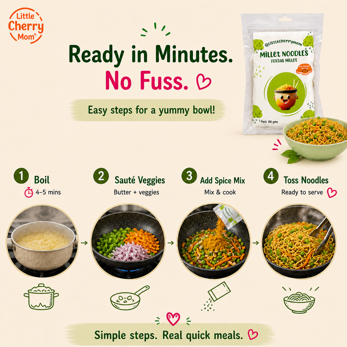Littlecherrymom Foxtail Millet Instant Noodles — Healthy Instant Millet Noodles for Kids & Families | No Maida | No Palm Oil