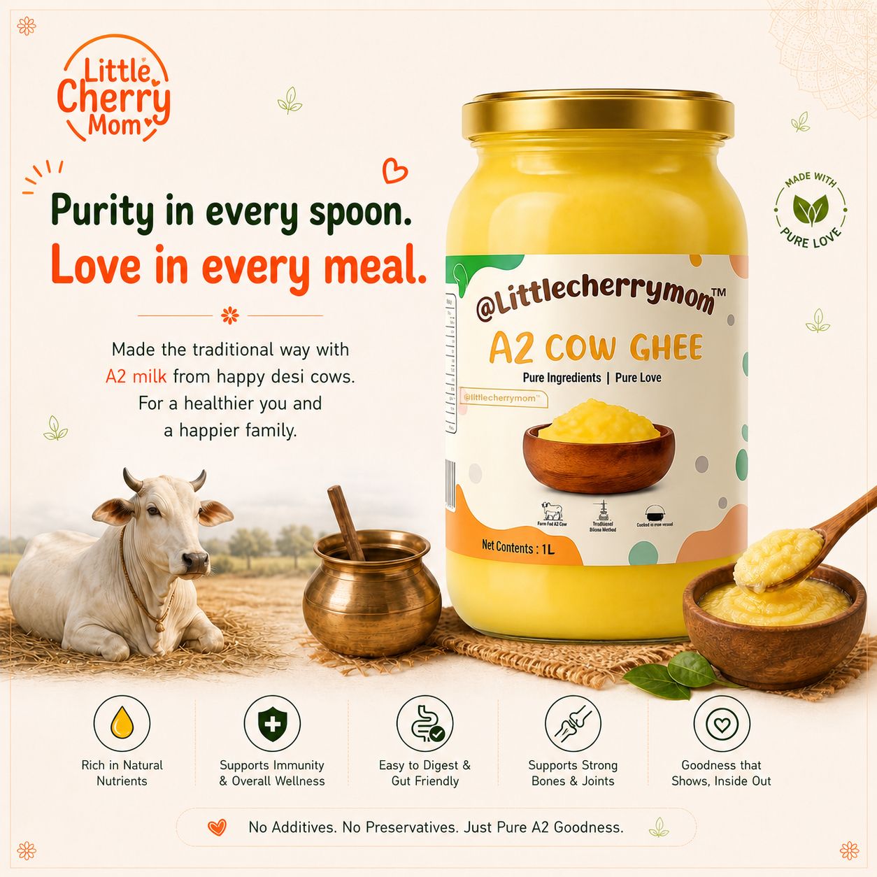Littlecherrymom A2 Bilona Cow Ghee 1L — Made the Traditional Way, From Grass-Fed Desi Cows | Pure, Unprocessed, No Additives