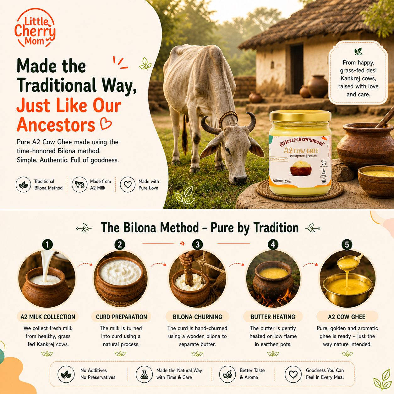 Littlecherrymom A2 Bilona Cow Ghee 250ml — Made the Traditional Way, From Grass-Fed Desi Cows | Pure, Unprocessed, No Additives