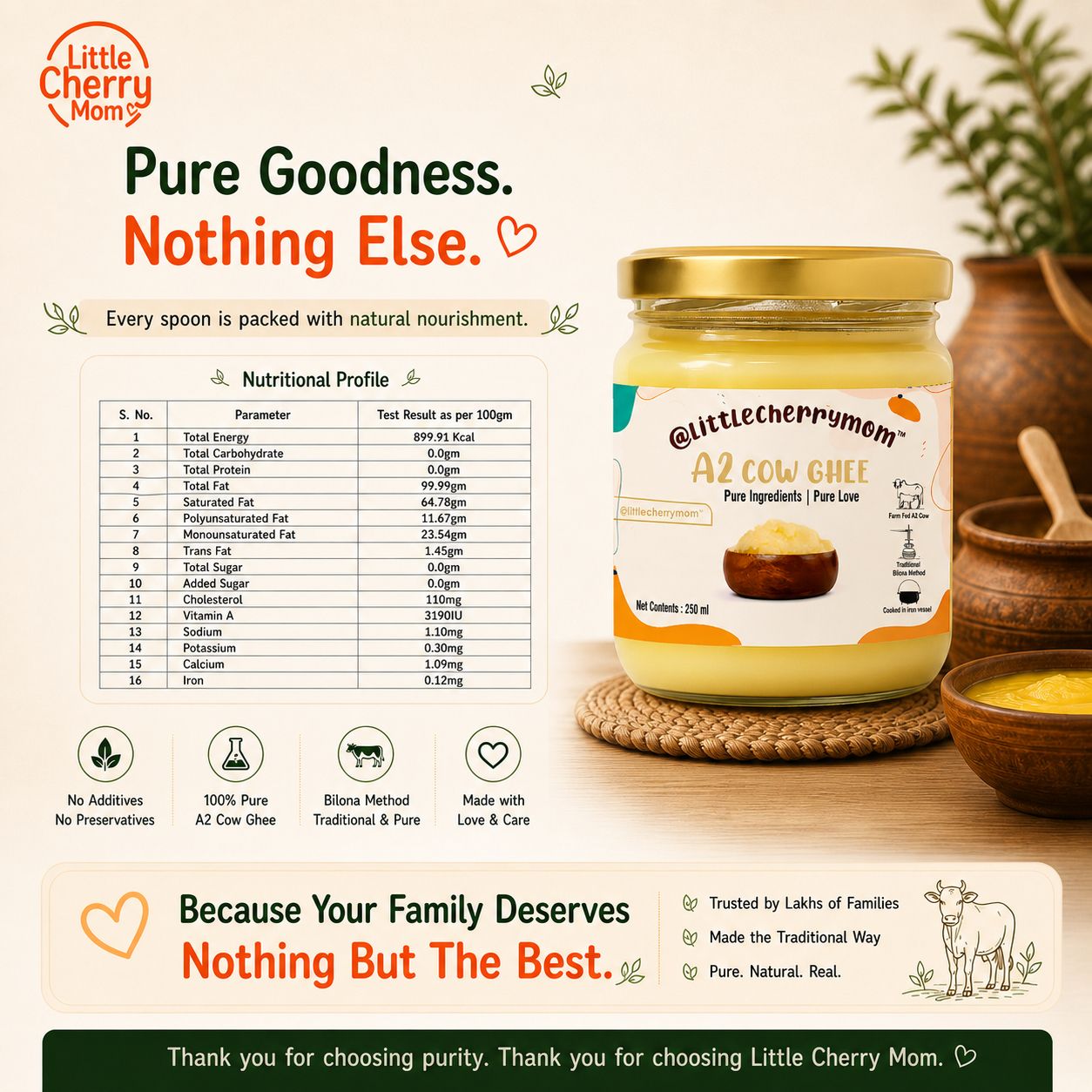 Littlecherrymom A2 Bilona Cow Ghee 250ml — Made the Traditional Way, From Grass-Fed Desi Cows | Pure, Unprocessed, No Additives