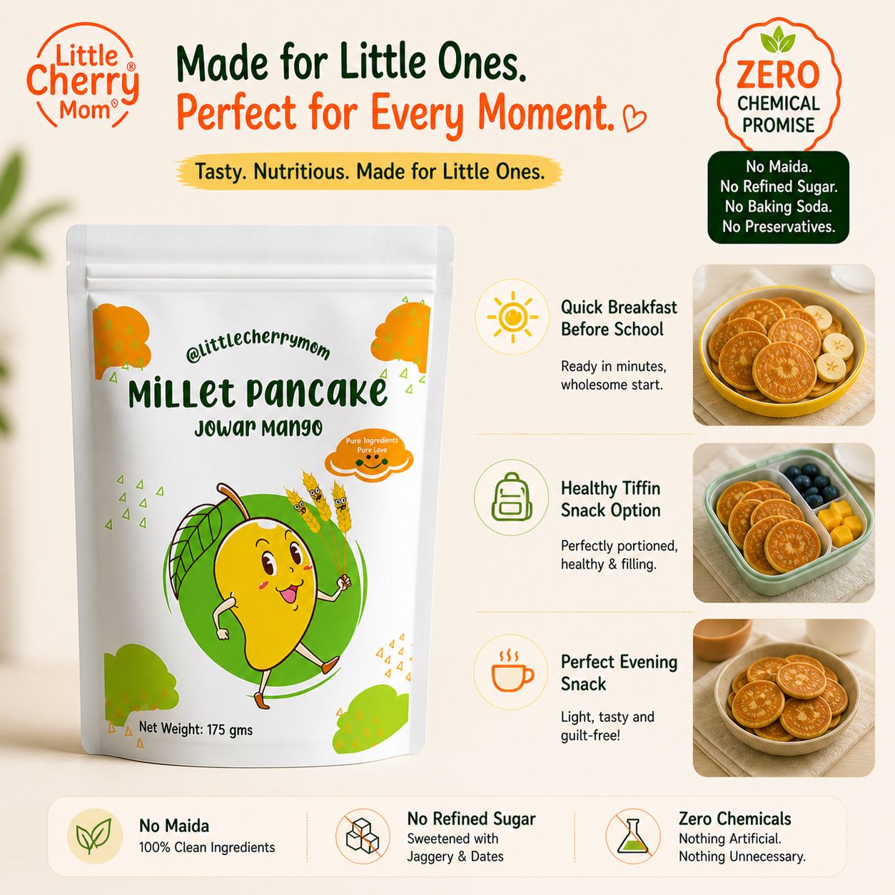 Littlecherrymom Jowar Mango Pancake Mix — Healthy Pancake Mix for Kids | Made with Sprouted Jowar & Real Mango