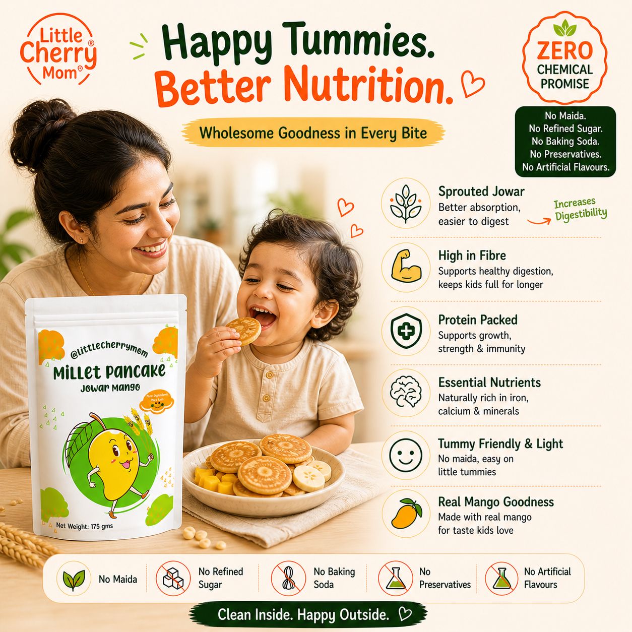 Littlecherrymom Jowar Mango Pancake Mix — Healthy Pancake Mix for Kids | Made with Sprouted Jowar & Real Mango