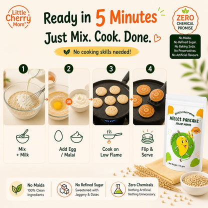 Littlecherrymom Jowar Mango Pancake Mix — Healthy Pancake Mix for Kids | Made with Sprouted Jowar & Real Mango