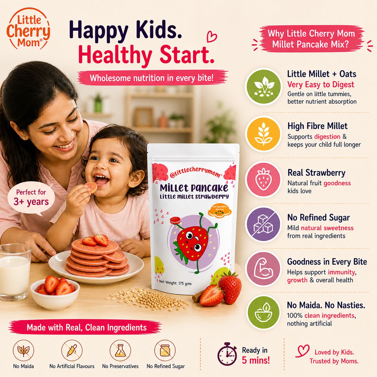 Littlecherrymom Little Millet Strawberry Pancake Mix — Healthy Pancake Mix for Kids | Made with Real Strawberry & Little Millet